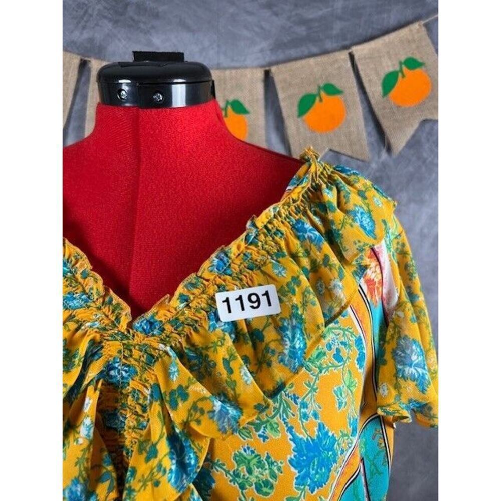 Cato Ladies Size XL Yellow-Multi Color V Neck Ruffled Short Sleeved Blouse - Picture 7 of 7